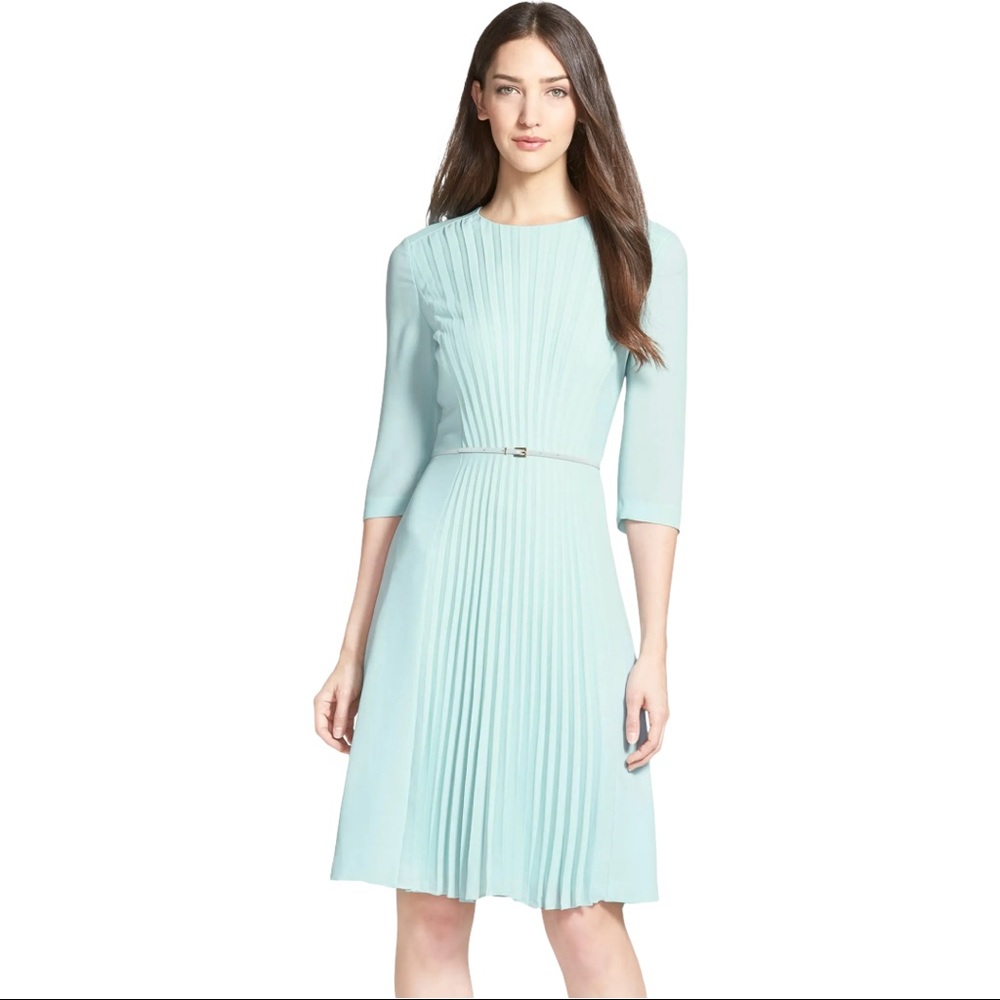 Pleated Mint Green A-Line Dress with Three-Quarter Sleeves